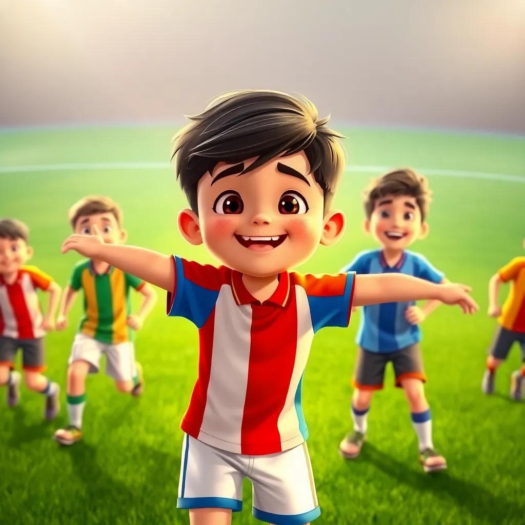 Sultan, a young boy with short dark hair, dressed in a colorful sports uniform, celebrating with his friends after a soccer match, cheerful expressions, surrounding green field, illustration, warm light, joyful scene, high quality