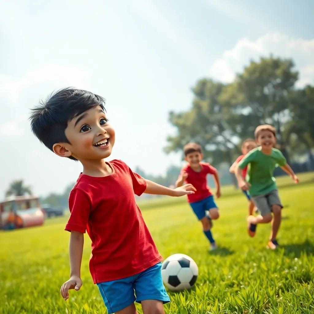 A young Arab boy, Ali, with short black hair, wearing a red t-shirt and blue shorts, playing soccer on a grassy field with friends, smiling and laughing, sunlight streaming down, cheerful atmosphere, digital art, lively colors, child-friendly
