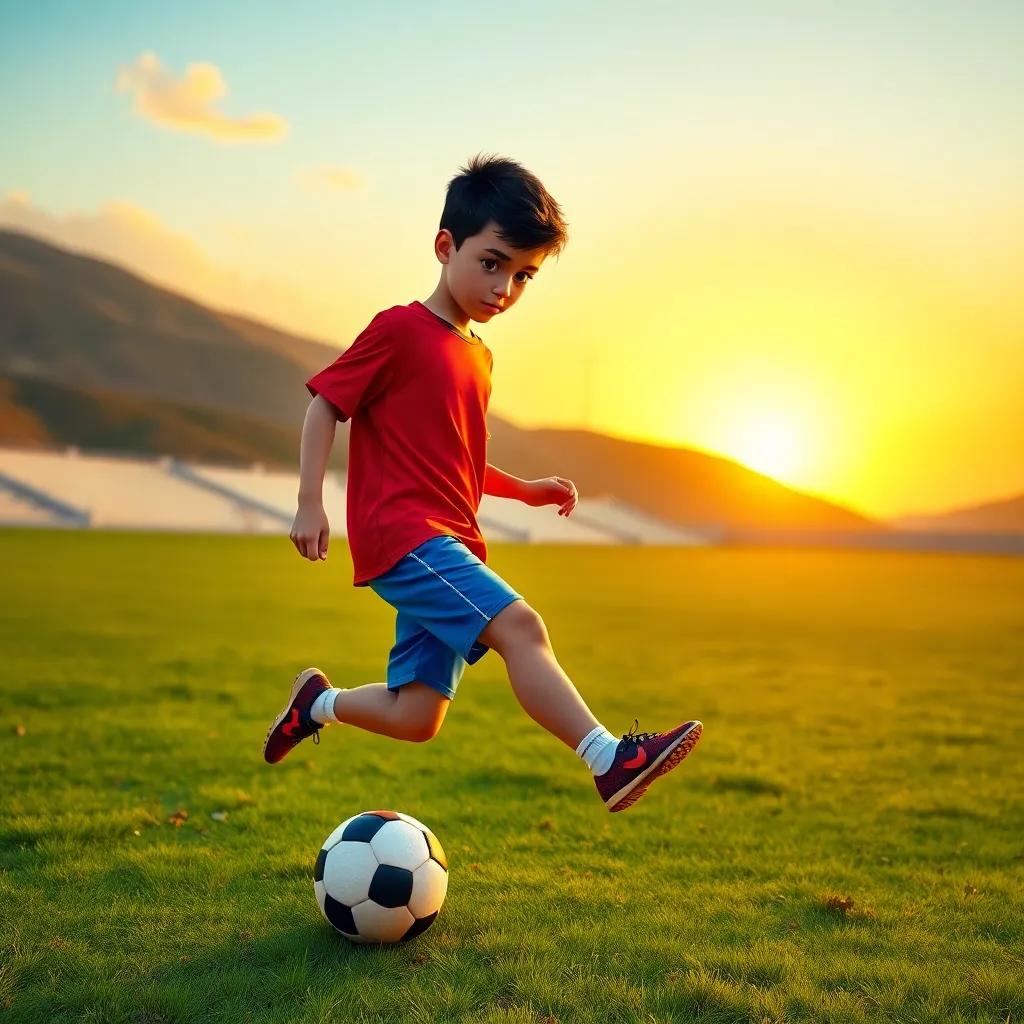 Ali, a young Arab boy with short black hair, wearing a red t-shirt and blue shorts, practicing soccer alone in an empty field with a determined look, kicking a ball, sunset in the background, encouraging atmosphere, illustration, warm colors, motivational scene