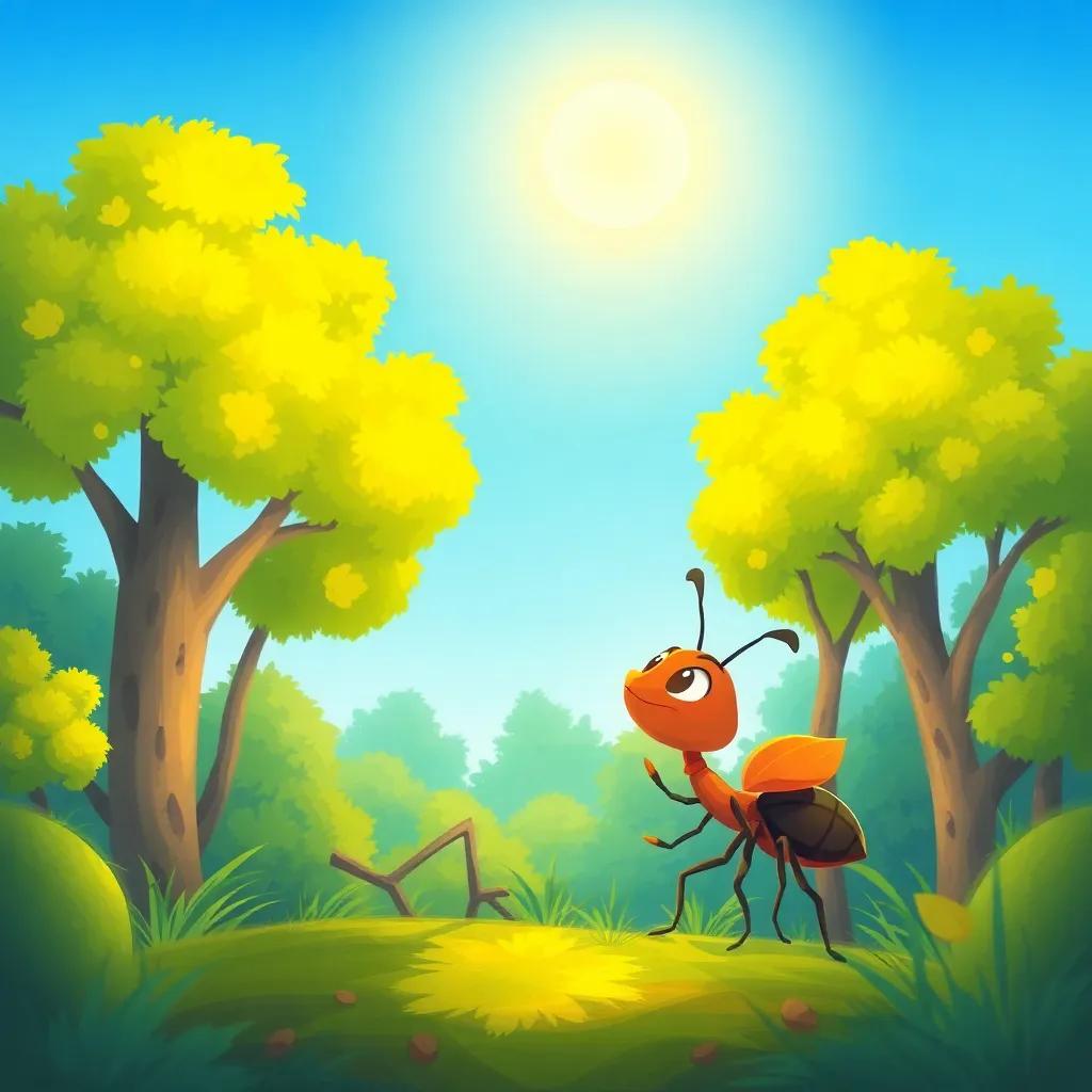 A small ant named Nora, filled with energy, looking up at a blue sky with a bright sun shining, surrounded by lush green trees in a vibrant forest, digital art, cheerful, warm colors, inviting atmosphere, high quality