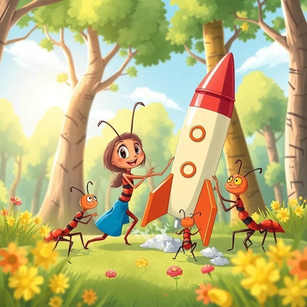 Nora, a small ant, excitedly working with her ant friends around a model rocket in a sunny forest, showing teamwork and determination, colorful illustration, bright and happy scene, captivating perspective, high quality