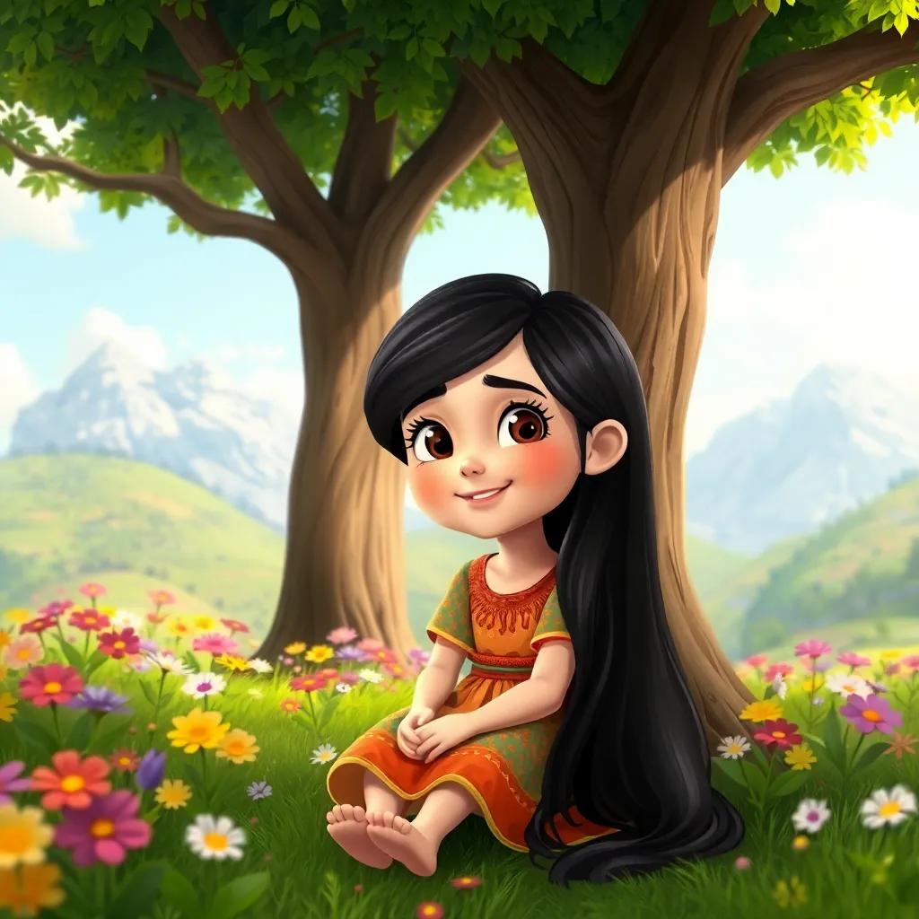 A small girl named Hagar, 9 years old, with long dark hair and a colorful dress, sitting under a big tree in a garden full of flowers and mountains in the background, digital art, cheerful colors, dreamy atmosphere, high quality