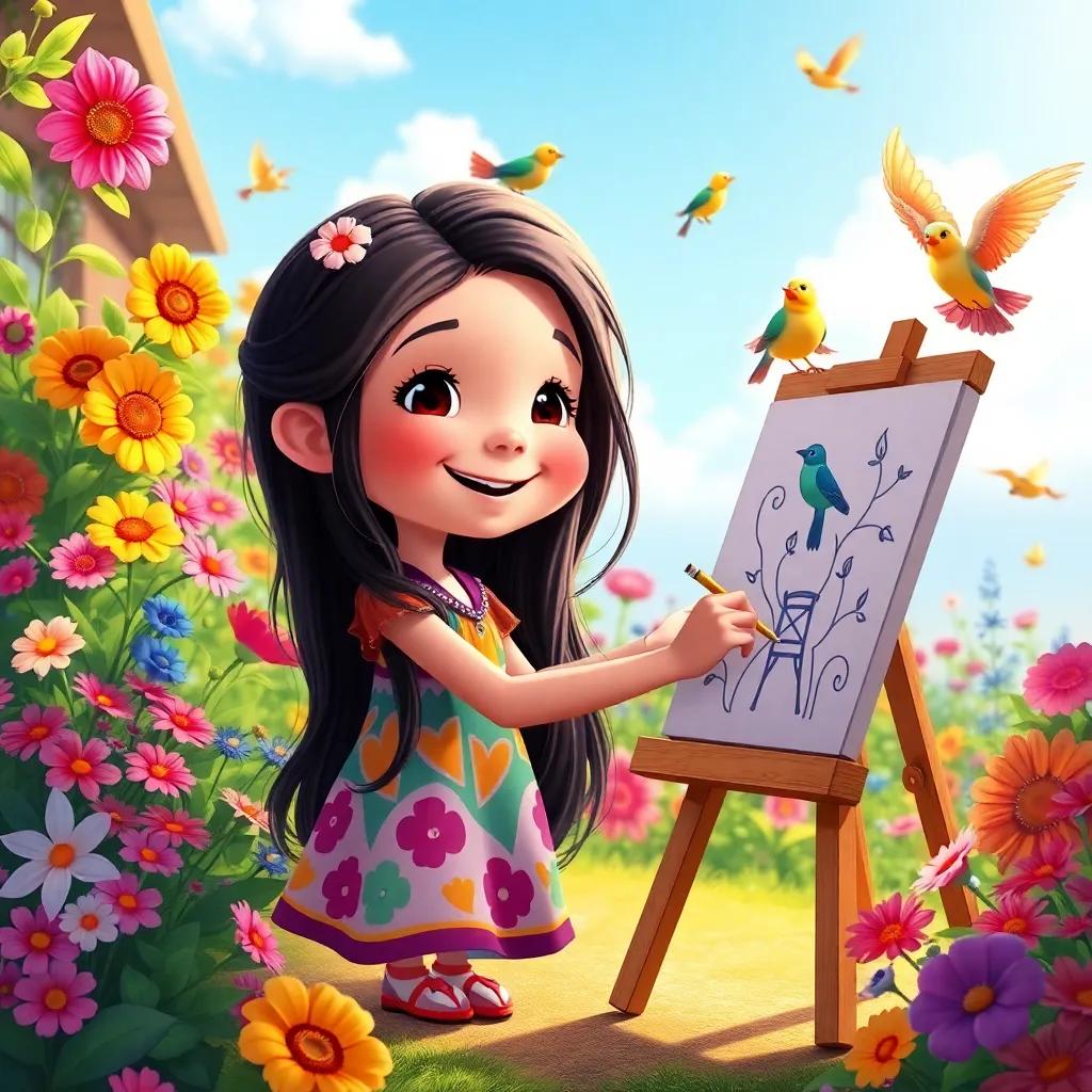Hagar, a small girl with long dark hair and a colorful dress, happily drawing at her easel, surrounded by colorful flowers and singing birds, vibrant colors, sunny day, inviting environment, high quality