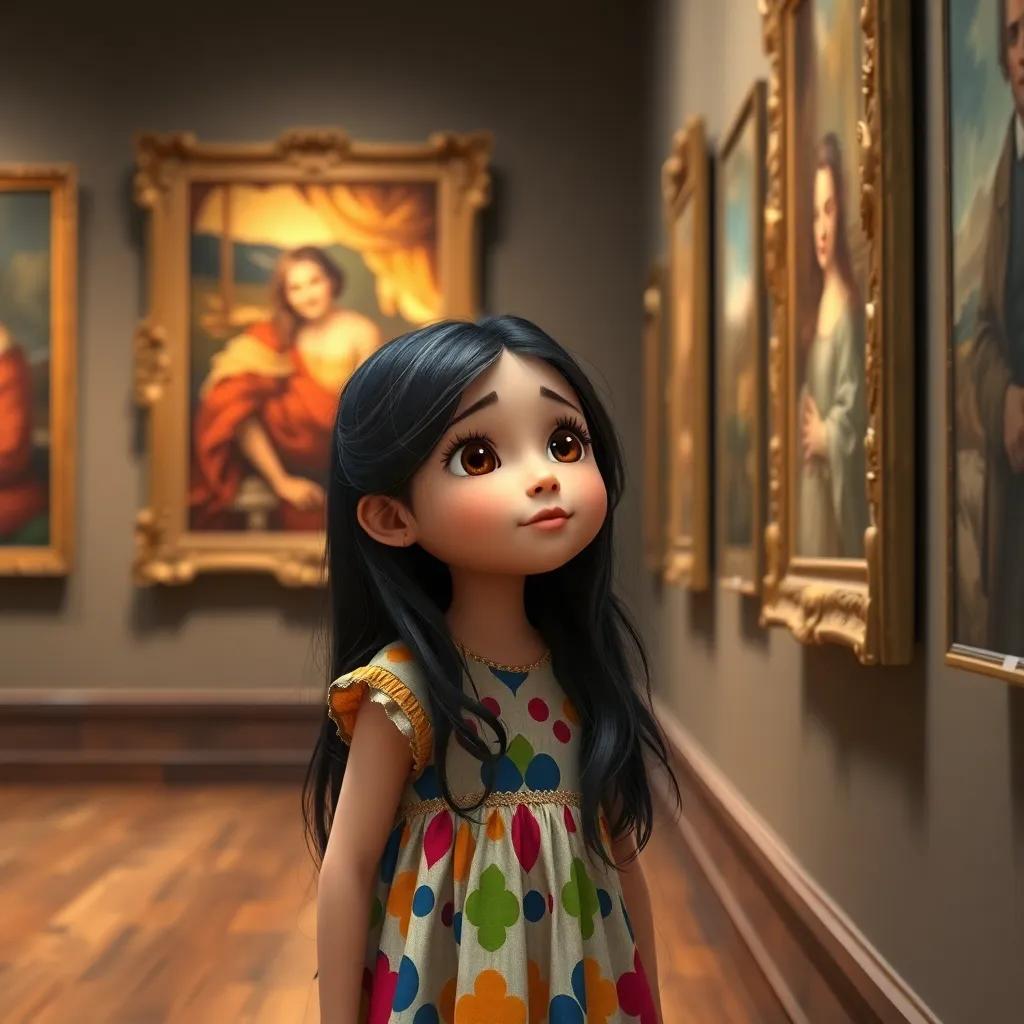 Hagar, a small girl with long dark hair in a colorful dress, looking at famous paintings with awe, feeling inspired and determined, art gallery setting, warm light, thoughtful expression, high quality