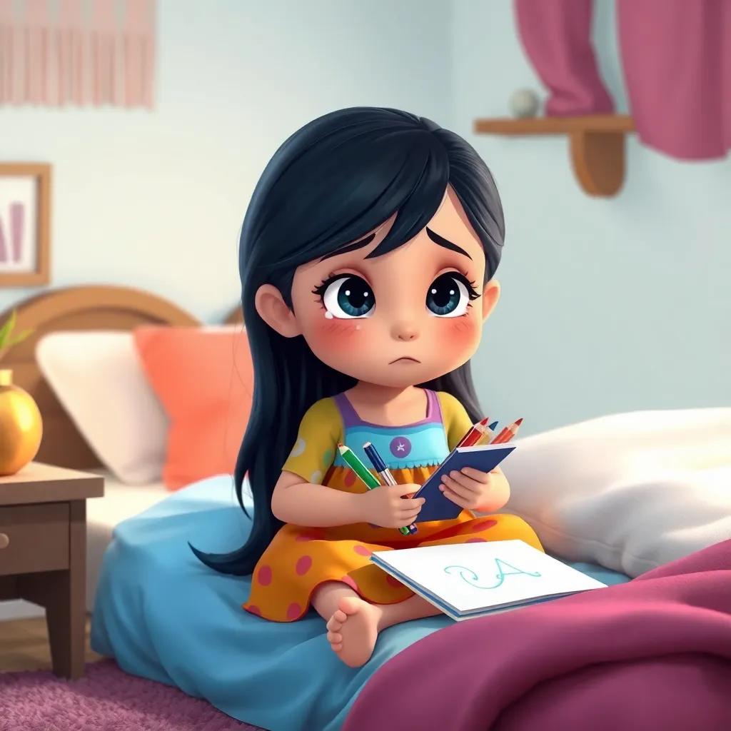 Hagar, a small girl with long dark hair in a colorful dress, with tears in her eyes, sitting on her bed, holding her drawing supplies, soft colors, comforting surroundings, high quality