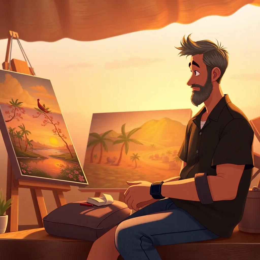 A father figure, kind-looking man with short hair and casual clothes, sitting with Hagar, encouraging her while looking at her beautiful paintings, warm evening light, loving atmosphere, high quality