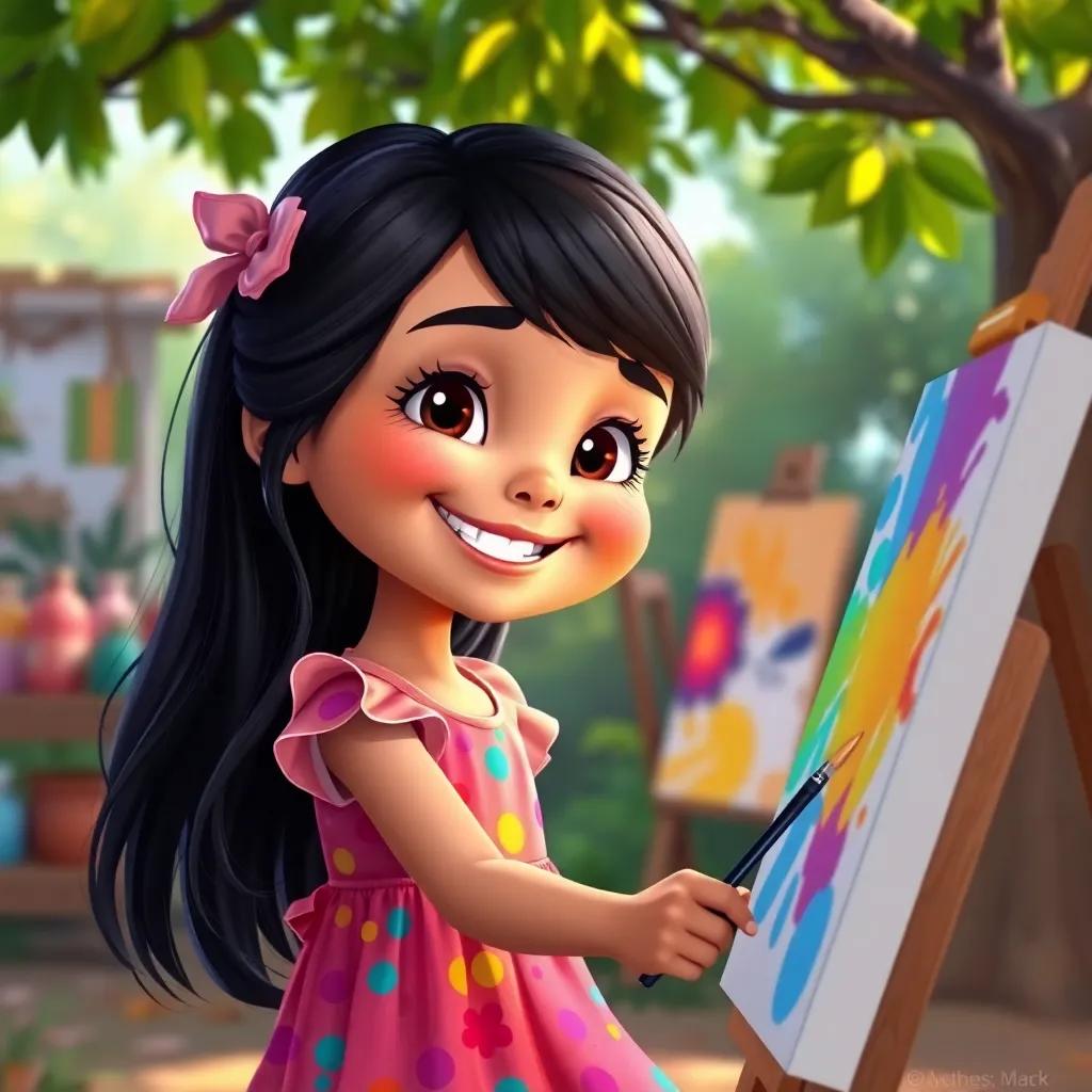 Hagar, a small girl with long dark hair in a colorful dress, smiling and painting joyfully, experimenting with new colors on her canvas under the tree, colorful art studio feel, vibrant and energetic atmosphere, high quality