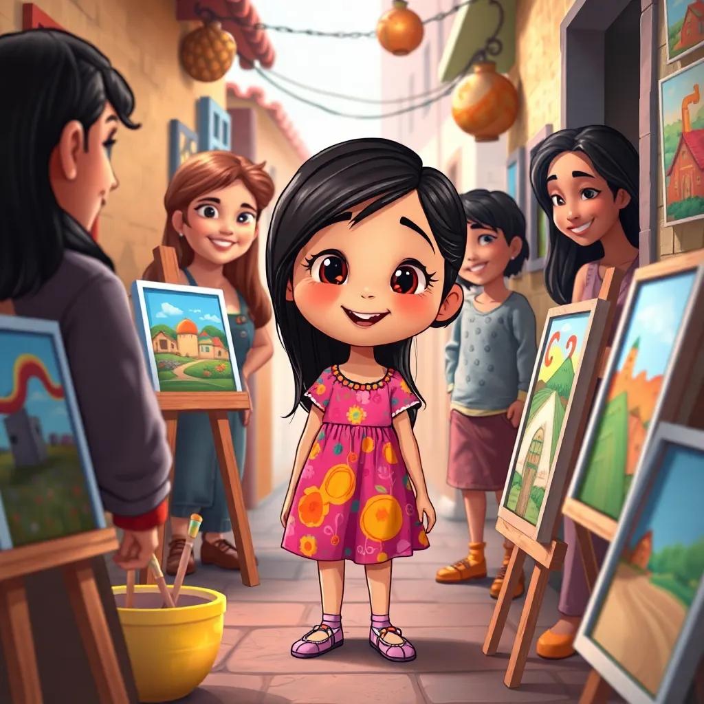 Hagar, a small girl with long dark hair in a colorful dress, organizing her small art exhibition with paintings on display, friends and neighbors admiring her work, happy expressions, colorful setting, high quality