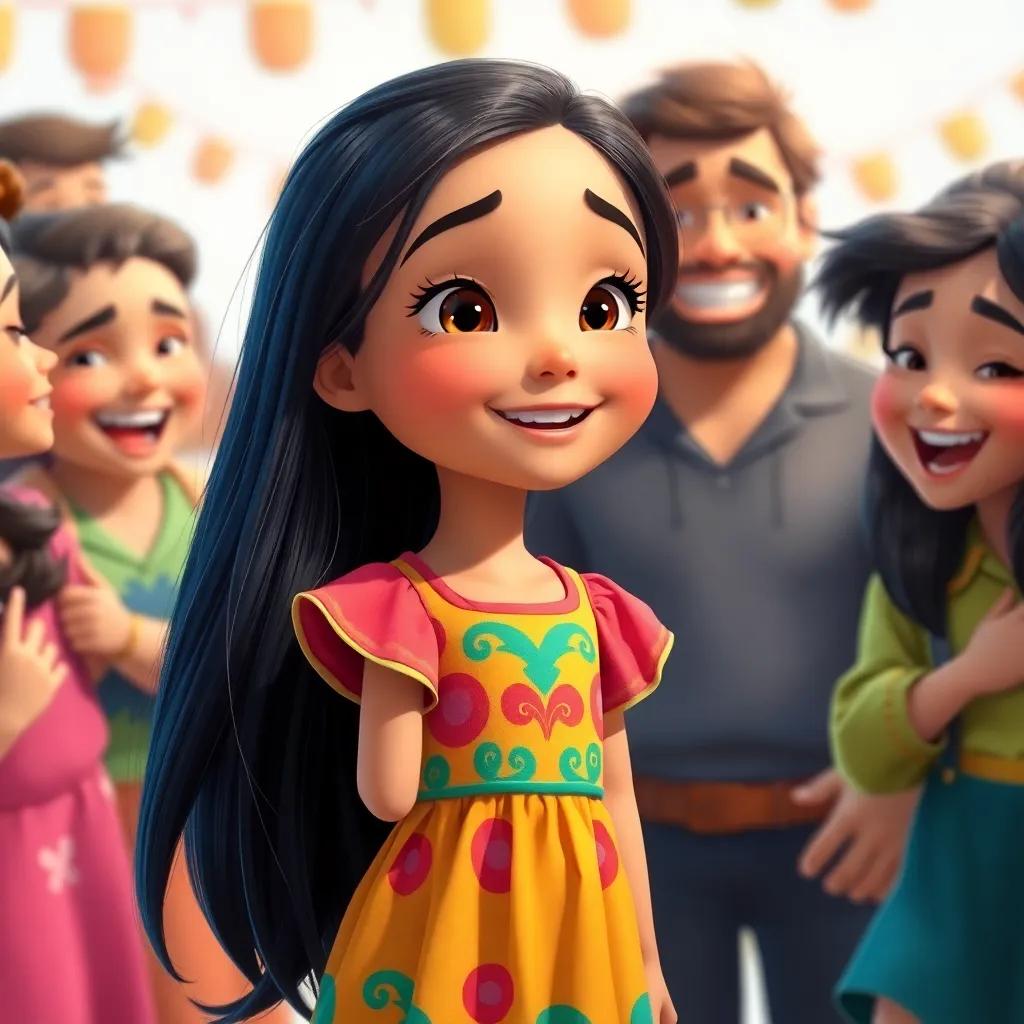 Hagar, a small girl with long dark hair in a colorful dress, receiving compliments from her friends about her art, joyful friends around her, bright and cheerful atmosphere, high quality