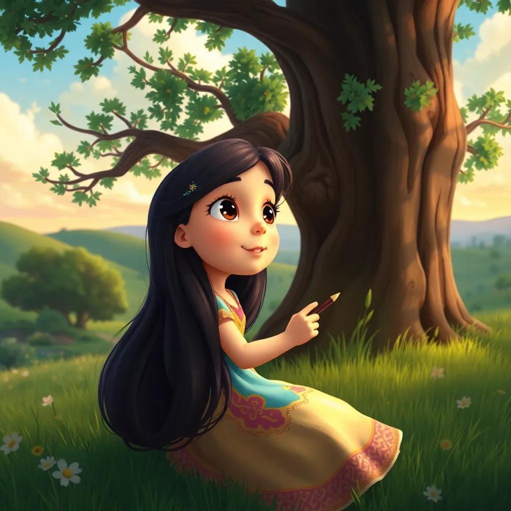 Hagar, a small girl with long dark hair in a colorful dress, drawing passionately under her favorite tree, dreaming about her future as a famous artist, picturesque landscape, inspiring mood, high quality