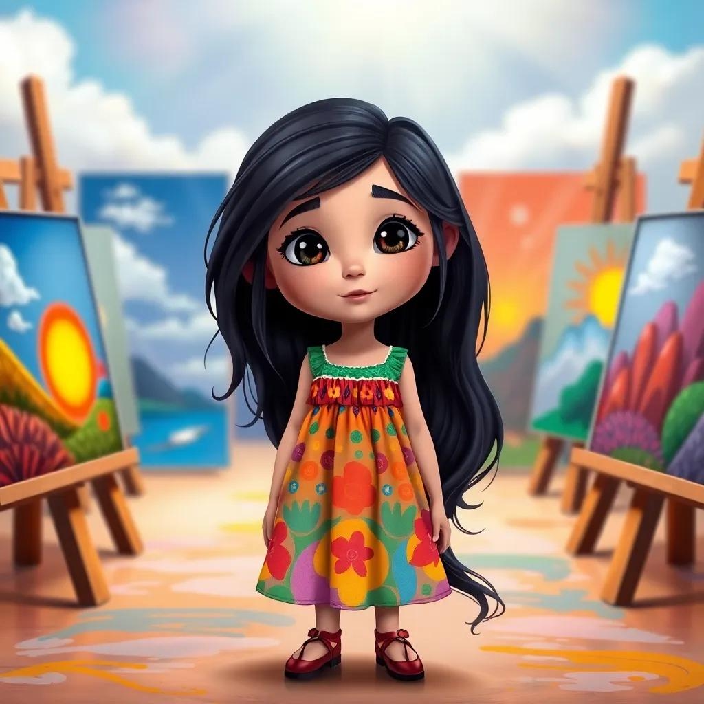 Hagar, a small girl with long dark hair in a colorful dress, standing proudly in front of her completed paintings, filled with dreams and confidence, vibrant and uplifting colors, inspiring scene, high quality