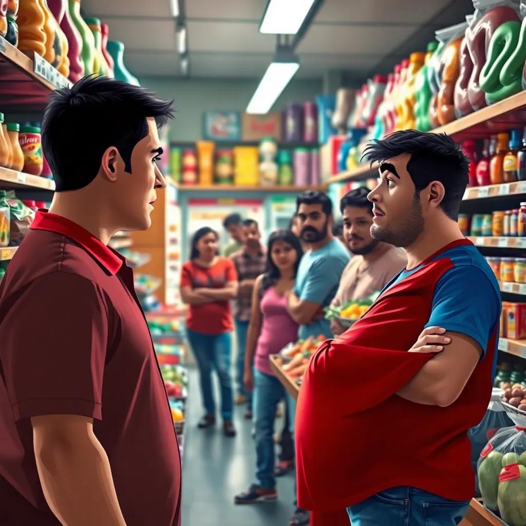 A busy neighborhood grocery store filled with colorful products, a heated argument between the shop owner, a man with short hair and a red shirt, and a concerned customer, a man in jeans and a blue t-shirt, people looking on nervously, dramatic, vibrant colors, tense atmosphere, high quality