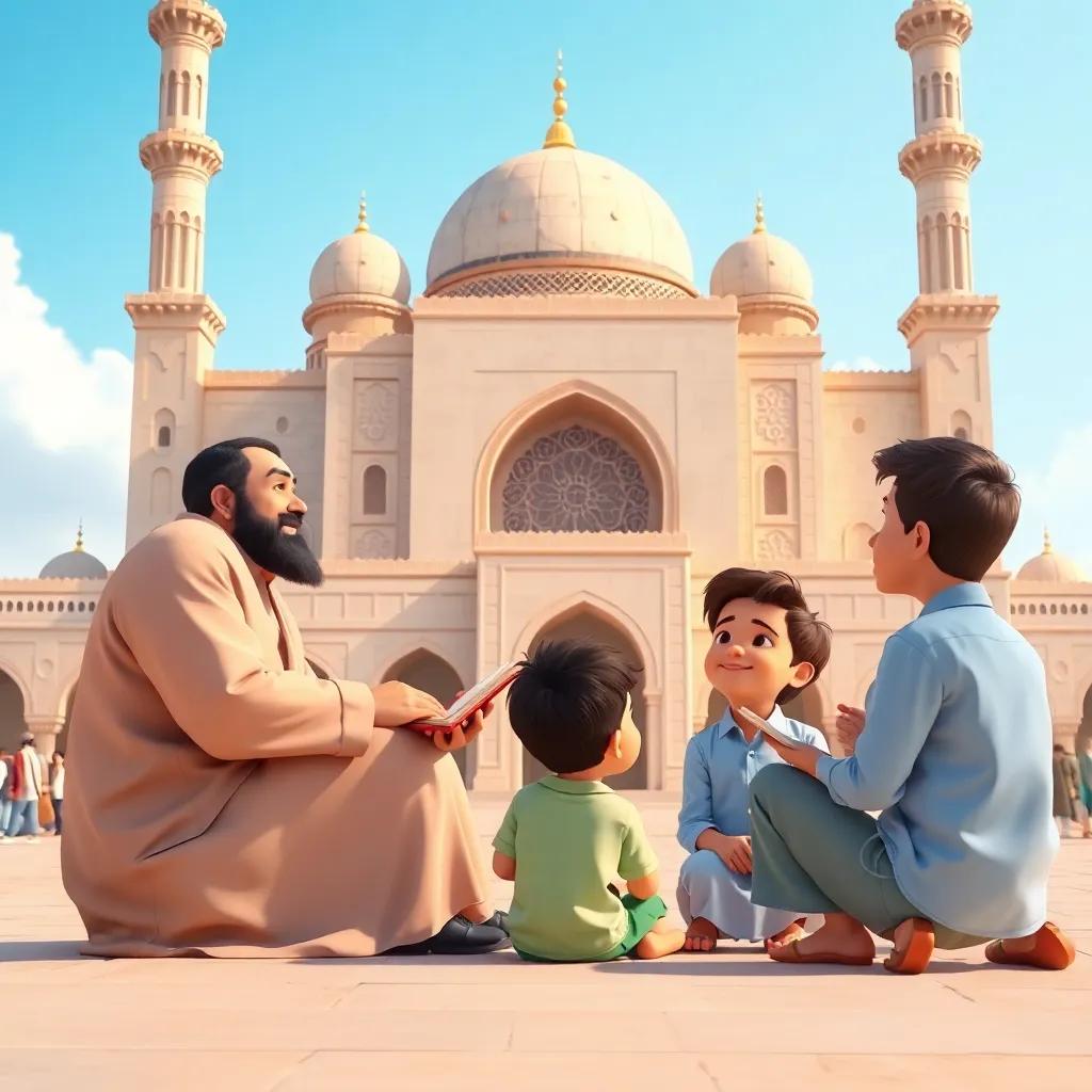 A serene scene outside the Prophet's Mosque, a father, a man in a traditional thobe, sitting with his two children, one boy with dark hair in a green shirt and the other in a light blue shirt, listening attentively to a story-teller under a clear blue sky, peaceful and educational, warm colors, joyful atmosphere, high quality