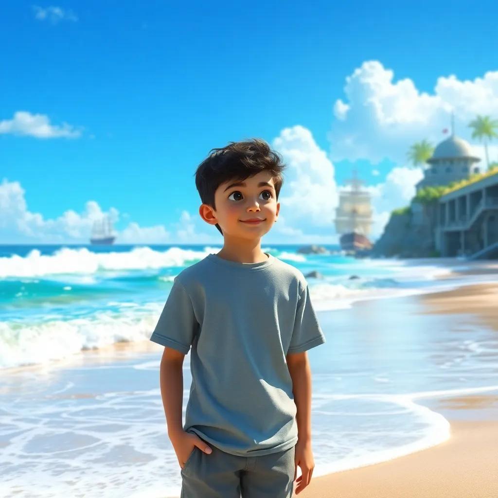 A 13-year-old boy, Yahya, standing on a beautiful beach with waves crashing and a bright blue sky, looking at distant ships with fascination, digital art, vivid colors, enchanting atmosphere, focused perspective, high quality