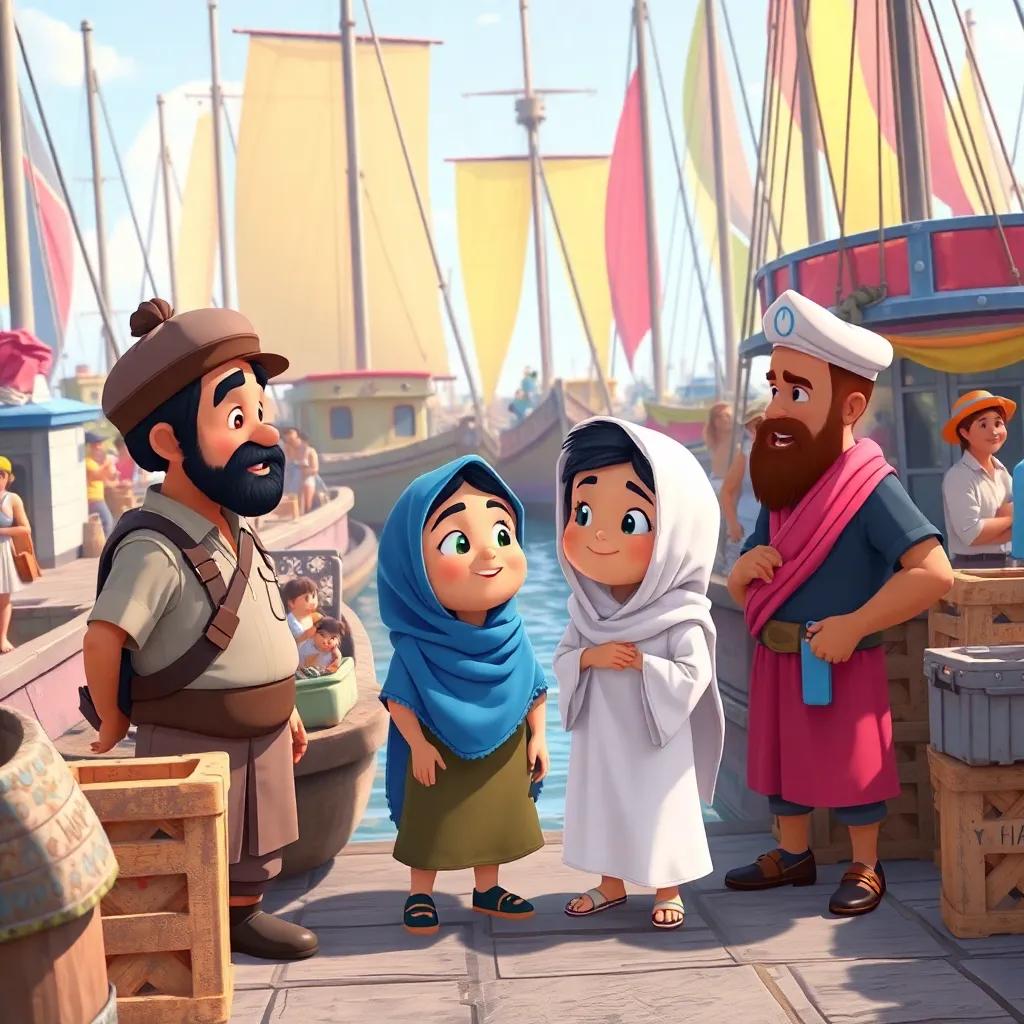 Yahya at the bustling port, talking to friendly sailors, surrounded by boats and fishermen, colorful sails and crates around, cheerful and lively scene, illustration, child-friendly, engaging atmosphere, high quality