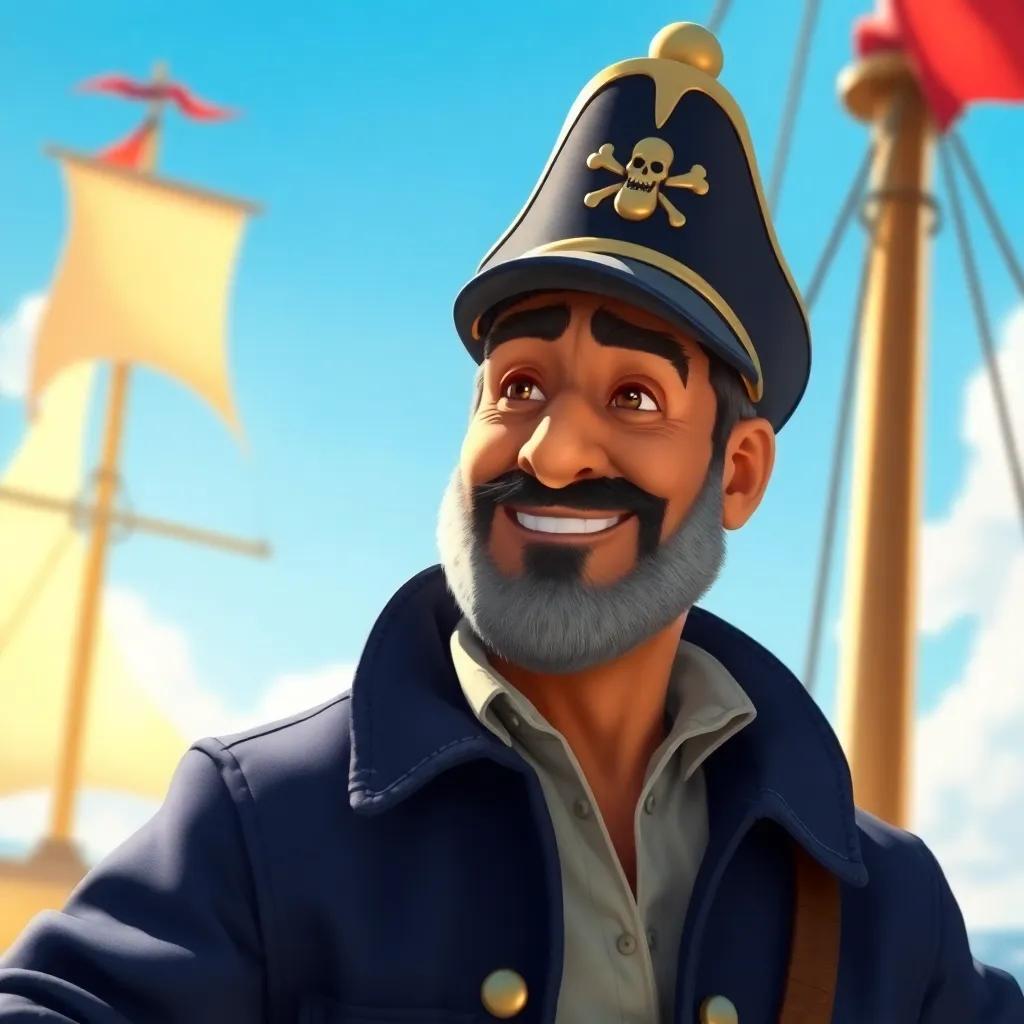 Captain Said, a middle-aged man with a rugged look, wearing a captain's hat and a navy blue jacket, showing Yahya the ship, bright sunny day, pirate-themed adventure vibe, digital painting, dynamic scene, vibrant colors, high quality