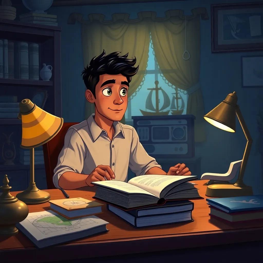 Yahya studying hard at his desk with books on navigation, a determined look on his face, cozy room filled with maritime decorations, night, soft light from a desk lamp, illustration, focused atmosphere, high quality