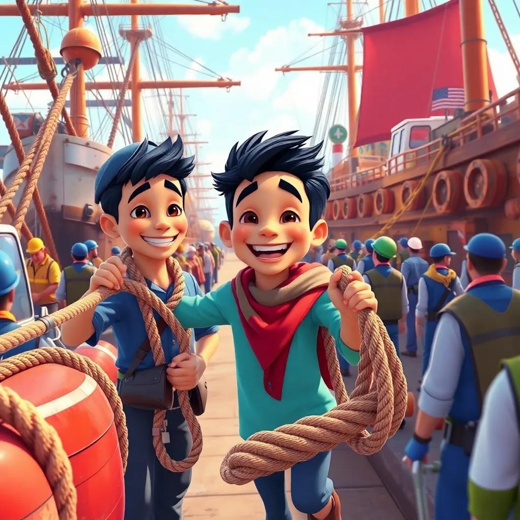Yahya helping sailors at the port, carrying ropes and smiling widely, surrounded by ships and busy dockworkers, teamwork and friendship, vibrant scene, digital art, lively colors, engaging perspective, high quality