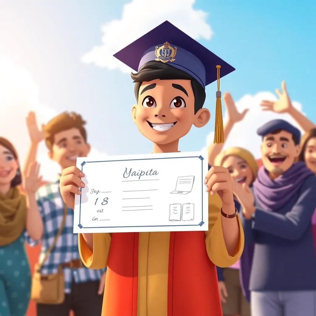 An 18-year-old Yahya in graduation attire, holding his captain's license proudly, surrounded by cheering friends and family, sunny outdoor celebration, joyful and proud atmosphere, illustration, warm colors, happy vibes, high quality