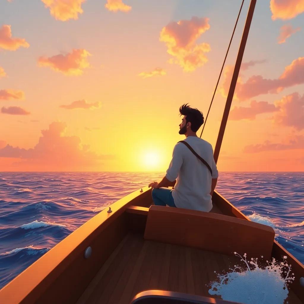 Yahya on his large ship sailing into the sunset, looking confidently towards the horizon, beautiful ocean waves and bright sky, adventure and freedom feel, digital painting, vibrant sunset colors, expansive view, high quality