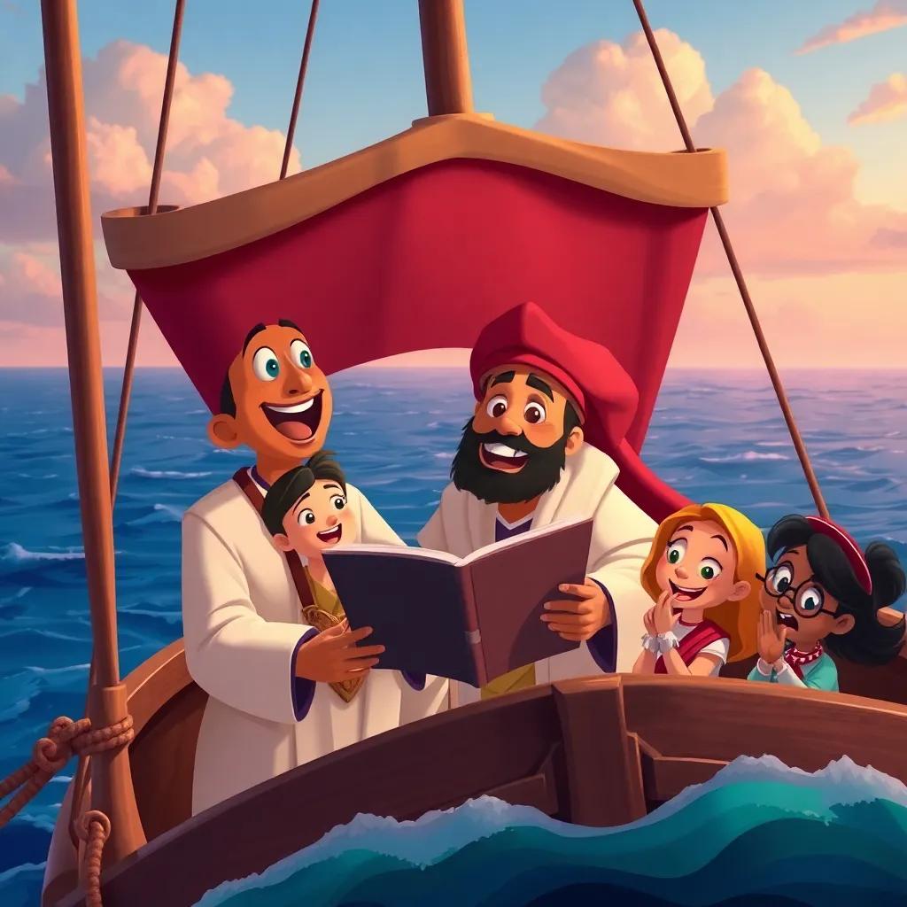 Yahya sharing stories with passengers on his ship, excited faces and ocean background, a sense of adventure and storytelling, cheerful ambiance, illustration, vibrant colors, engaging atmosphere, high quality