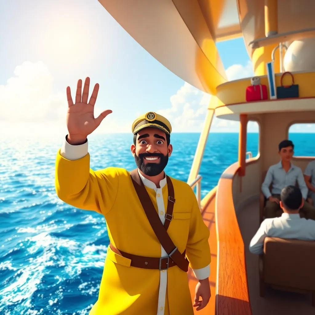 Yahya as a known ship captain, waving to passengers from the ship deck, with the vast ocean in the background, happy faces and sun shining, adventurous spirit, digital art, uplifting colors, lively scenes, high quality