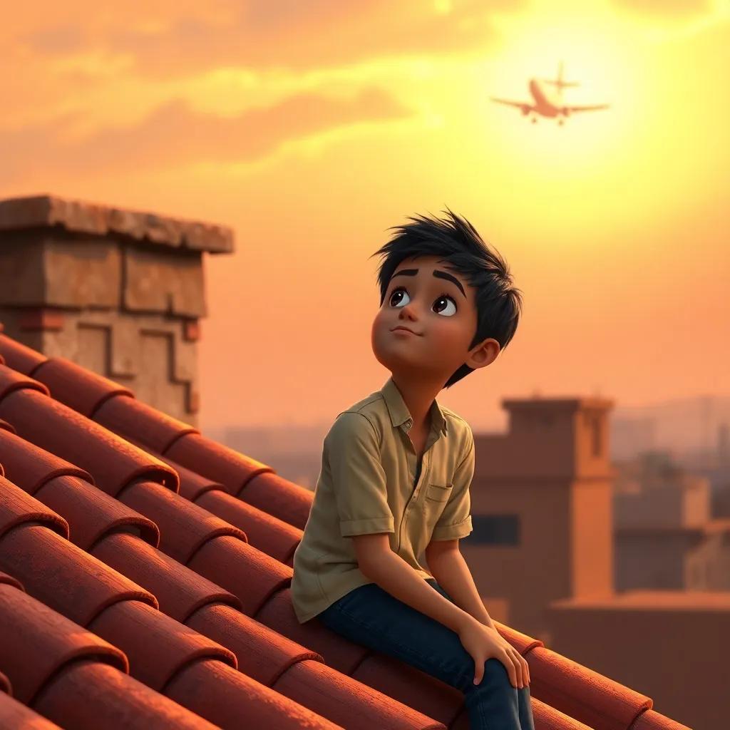 A young Arab boy, Ayman, with short black hair, wearing a simple shirt and jeans, sitting on a clay roof, looking up at a distant airplane, detailed digital art, warm sunset colors, hopeful atmosphere, high quality