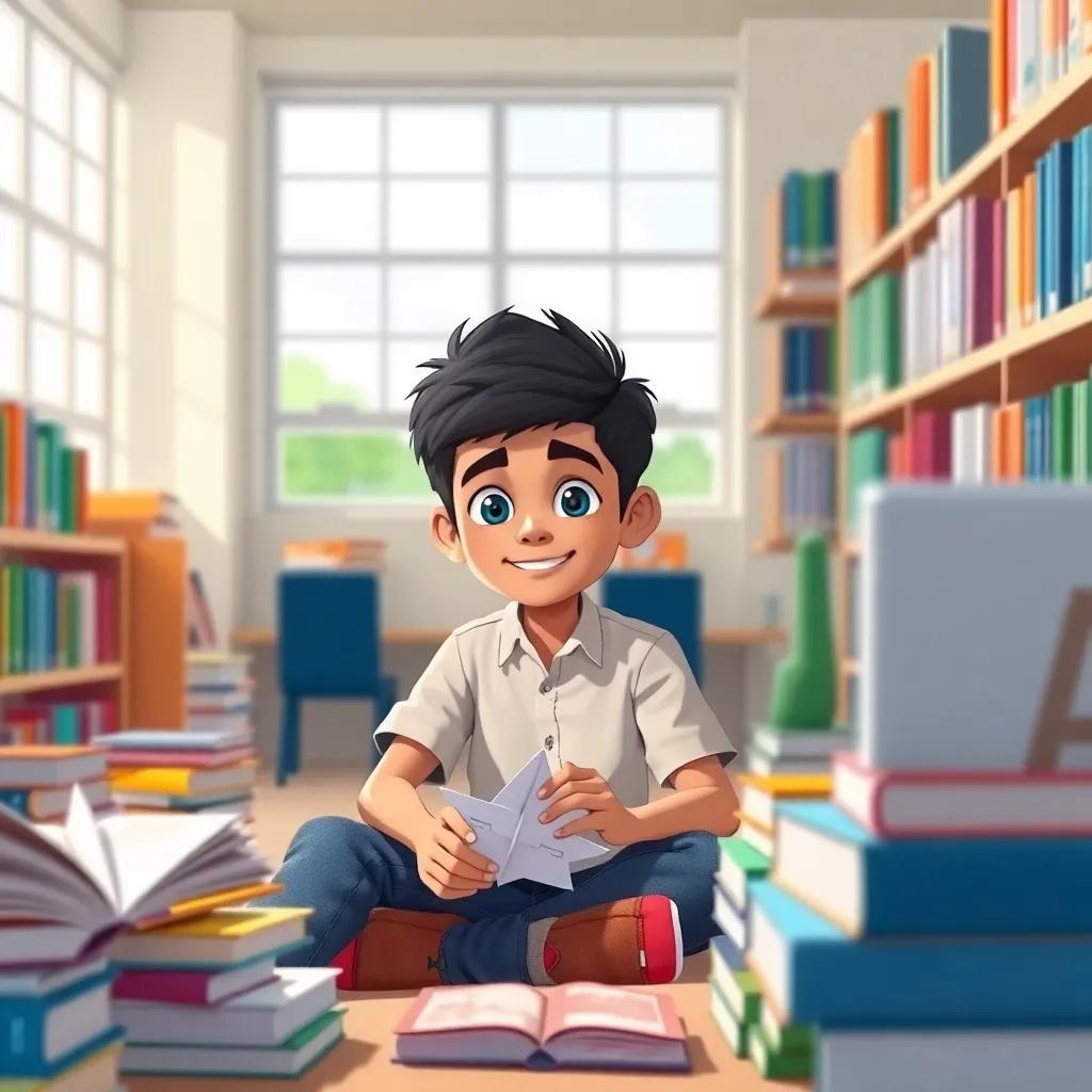 A young Arab boy, Ayman, with short black hair, wearing a simple shirt and jeans, sitting in a school library surrounded by books on aviation, crafting a paper airplane, illustration, bright and cheerful, engaging environment, high quality