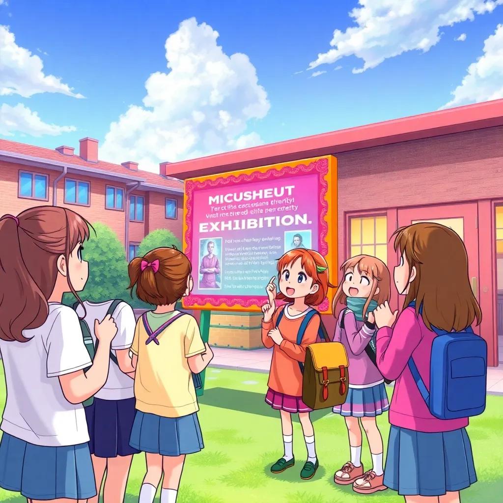 A group of girls in a schoolyard, excitedly reading a colorful announcement board about a mysterious exhibition, vibrant colors, cheerful atmosphere, digital art, engaging, high quality