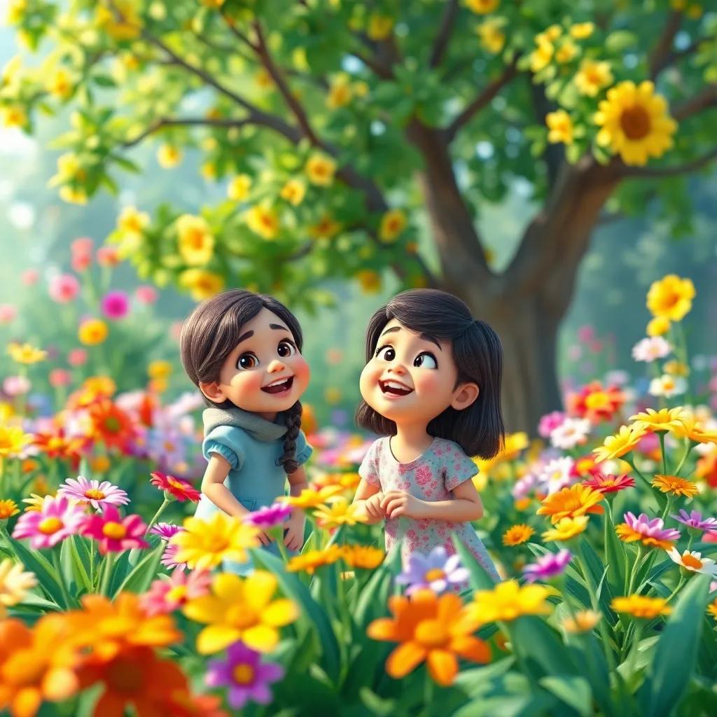 A beautiful garden filled with colorful flowers, with two young girls, Fatima and Lina, laughing and playing with a tree in the background, cheerful atmosphere, bright colors, child-friendly style