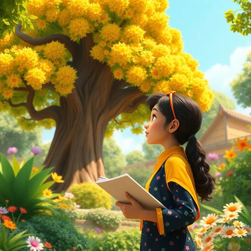 Fatima looking at a big beautiful tree, thinking about math problems, with a notebook in hand, vibrant garden setting, playful and imaginative, sunny day