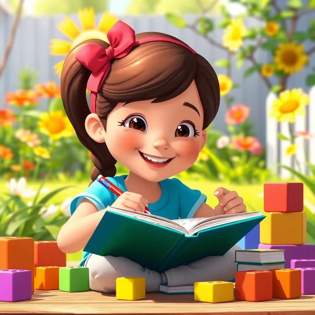 Lina writing math problems in a notebook with colorful blocks around her, joy on her face, sunny garden, cheerful and engaging, bright colors