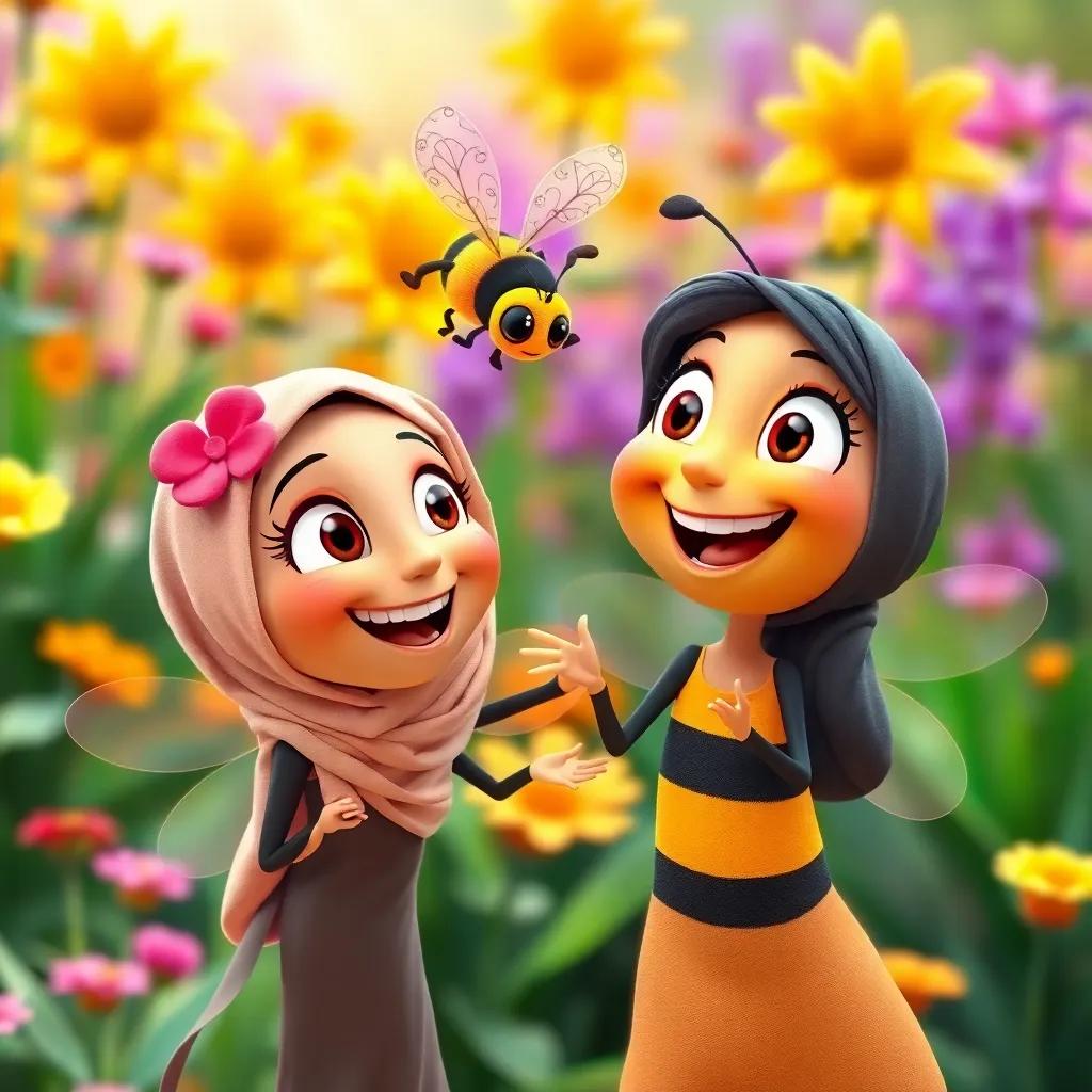 A colorful buzzing bee flying around Fatima and Lina, who are smiling and looking at each other excitedly, bright garden background, cheerful and friendly