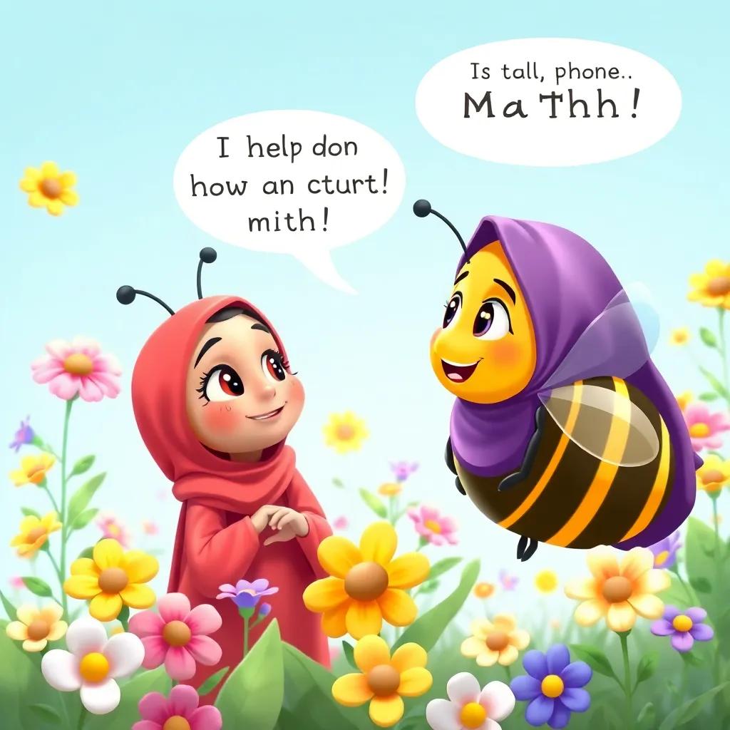Fatima talking to a friendly bee asking for help with math, both looking attentive and happy, surrounded by flowers, bright colors, playful and charming