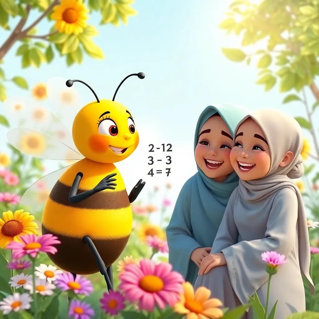 The bee explaining a math problem to Fatima and Lina, both girls giggling, sunny garden with various flowers, making learning fun and engaging