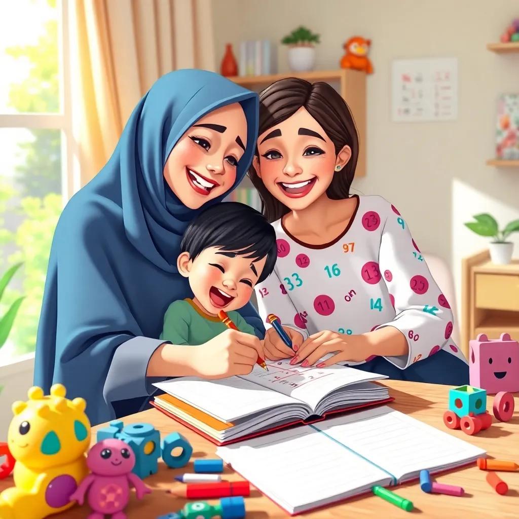 Fatima and Lina solving math problems together, writing in the notebook with laughter, surrounded by colorful toys, joyful atmosphere, bright sunlight