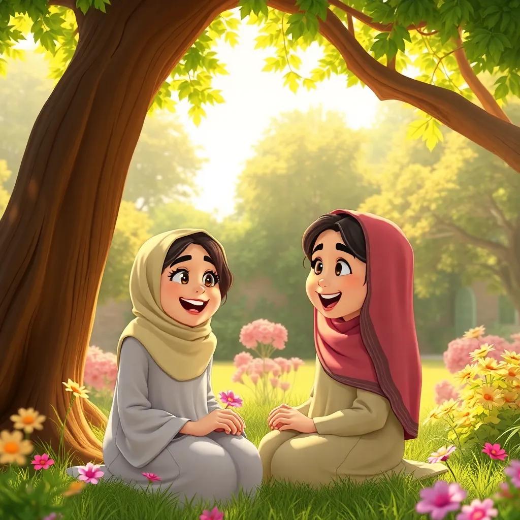 Lina asking Fatima when they can play math games again, both smiling widely under the tree, cheerful and imaginative garden, warm and inviting sunlight
