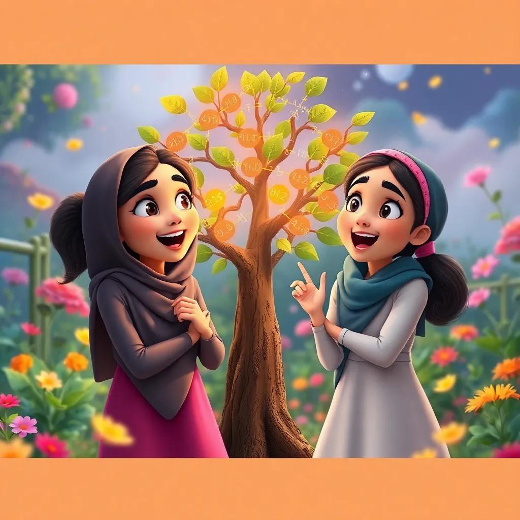 Fatima and Lina imagining a math tree growing with equations, excited expressions, colorful garden, dreamlike atmosphere