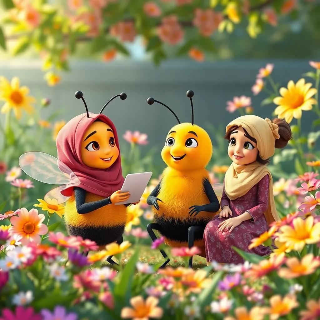 The bee giving advice about math problems, with Fatima and Lina eagerly listening, surrounded by a beautiful garden in full bloom, vibrant and lively scene