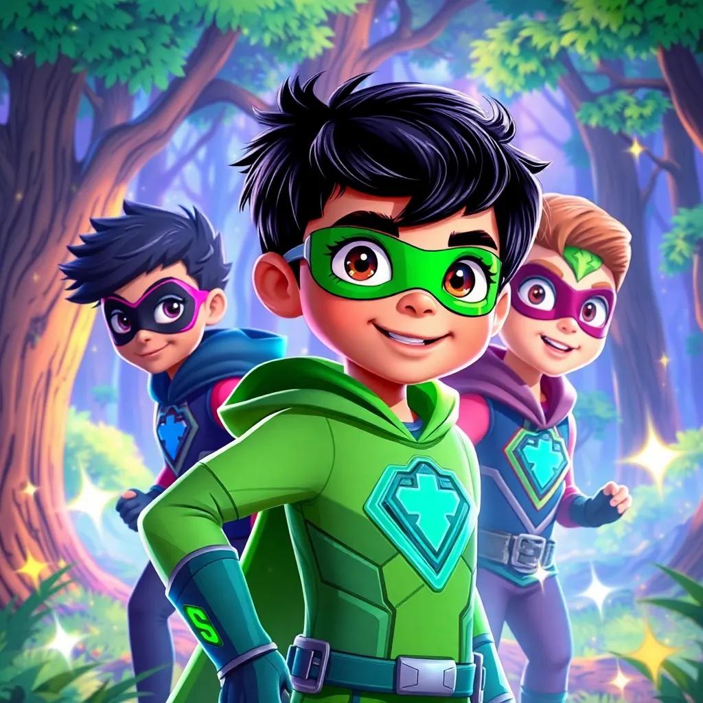 A group of heroes known as the Planet Guardians, including a brave boy named Ali with short black hair wearing a green superhero costume, in a magical forest, vibrant colors, cheerful atmosphere, child-friendly, with trees and sparkles all around