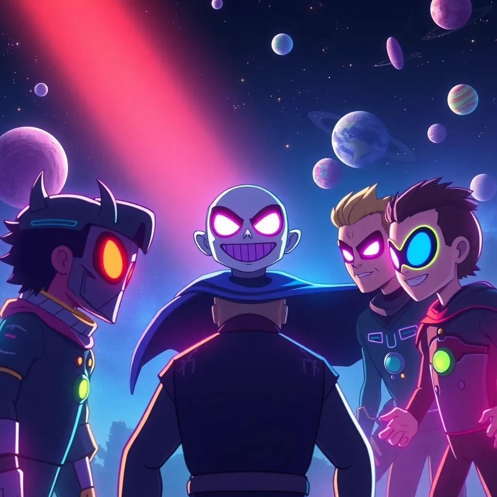 The Planet Guardians facing the villain Zain, who has a dark cape and a mischievous grin, in outer space with stars and planets, high tension, colorful lights, heroic vibe, showing teamwork