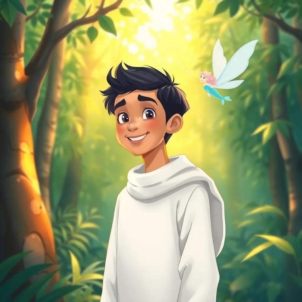 A handsome young man, Hamad, with short black hair and wearing a traditional white thawb, standing in a lush green forest, smiling at a beautiful sea fairy, digital art, vibrant colors, enchanting atmosphere, warm and inviting light, high quality