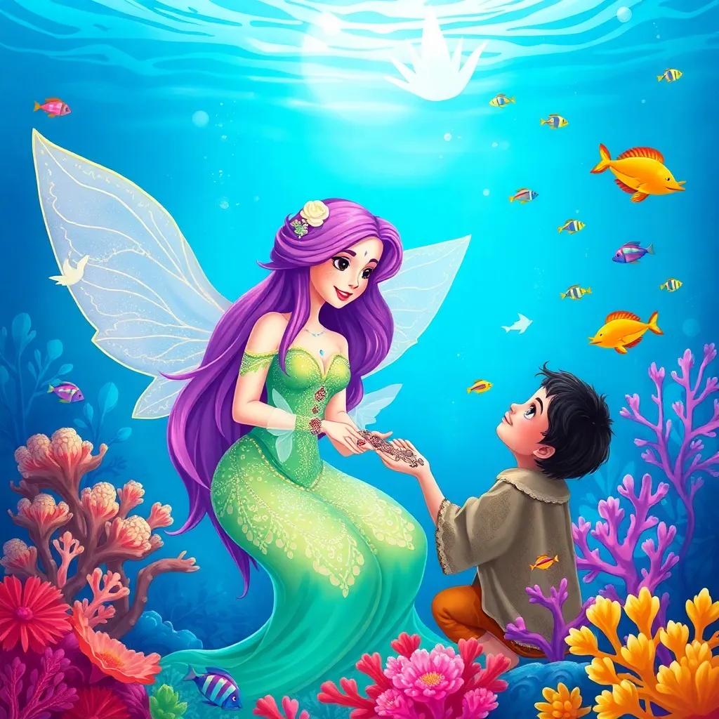 A magical sea fairy, with long flowing hair and a shimmering dress, putting henna on Hamad's hand, in a beautiful underwater scene with colorful fish and coral, illustration, vibrant and magical, child-friendly, high quality