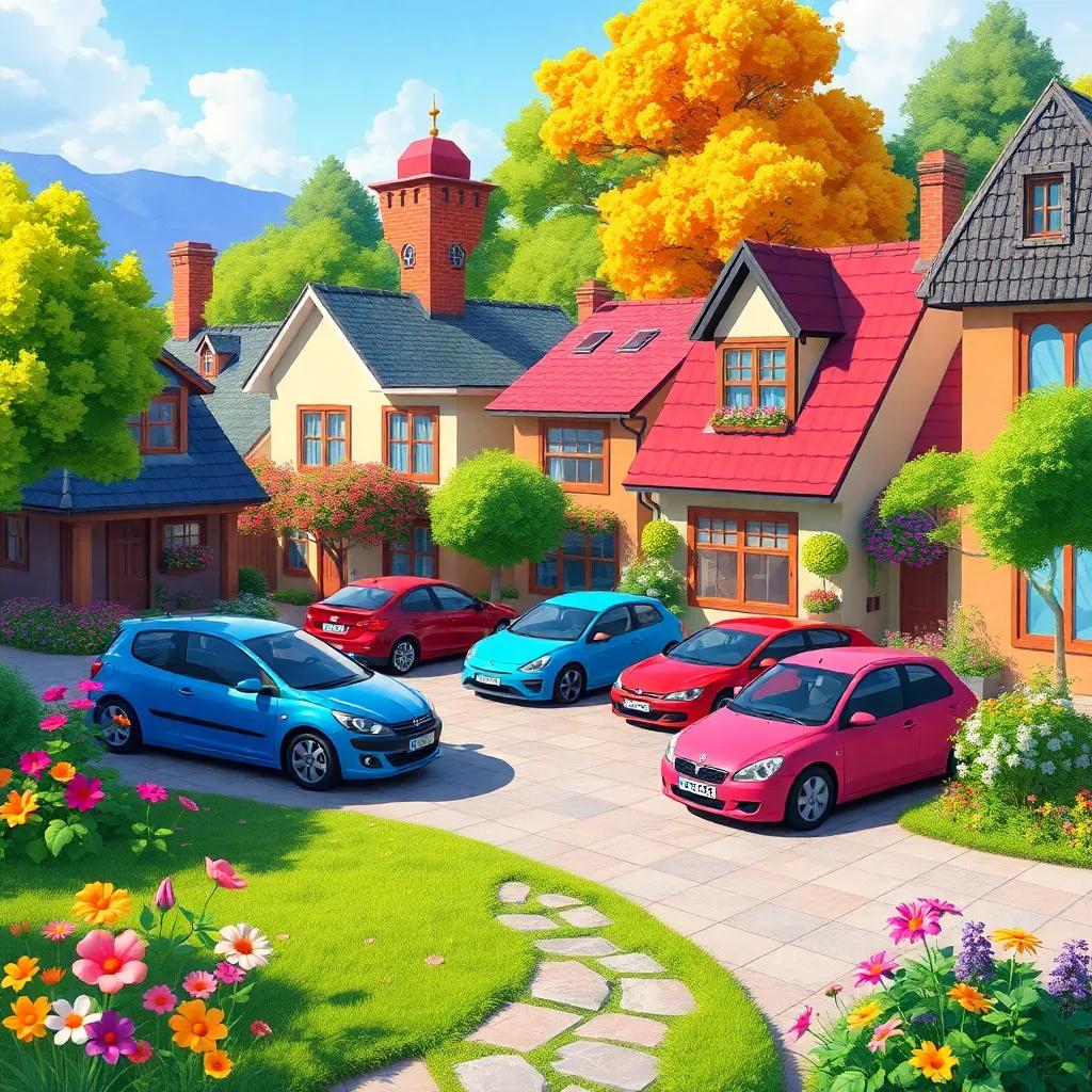 A colorful village with flowers and trees, various cars parked in front of houses, and a house without a car, bright and cheerful atmosphere, illustration, vibrant colors, inviting scenery, high quality