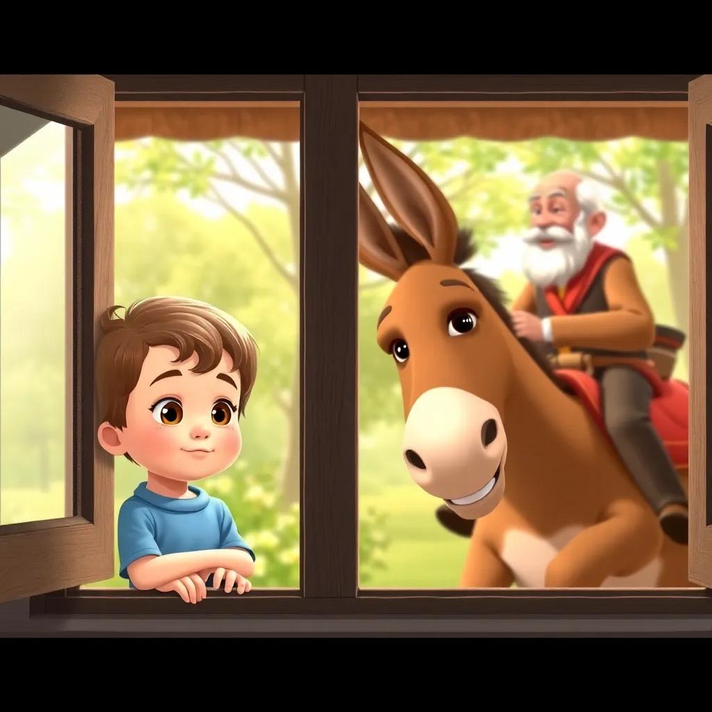 A curious child looking out of the window with a puzzled expression while their grandpa rides a cheerful brown donkey, the scene is bright and sunny, with trees and flowers in the background, cute and heartwarming, high quality