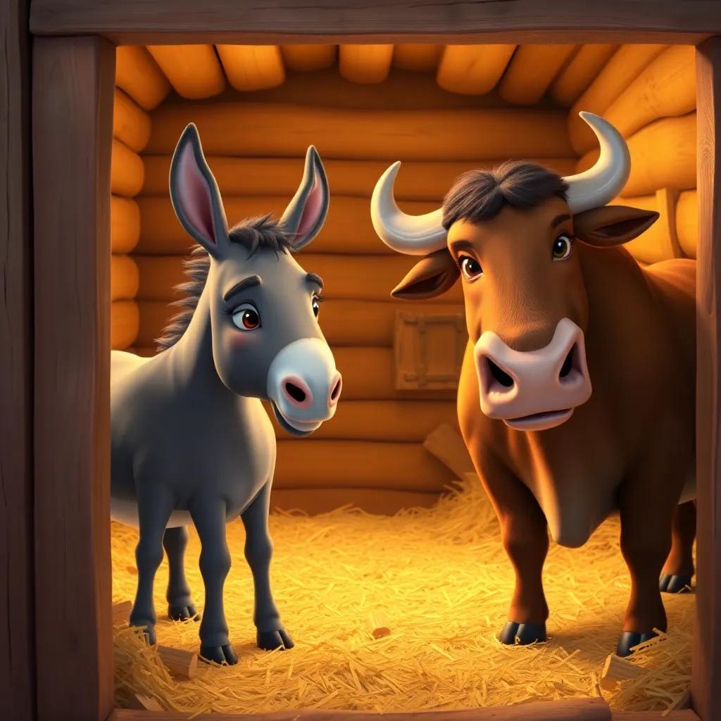 A small stable, with a gray donkey named Hamdan and a strong brown bull named Talha, inside surrounded by hay and wooden planks, warm light, friendly atmosphere, bright colors, detailed digital art, inviting scene, high quality