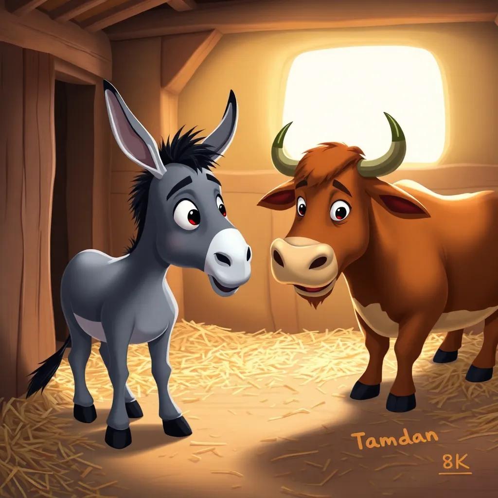 A worried donkey named Hamdan, speaking to a brown bull named Talha, in a small stable, hay scattered on the floor, in a warm and cozy atmosphere, illustration, vibrant, colorful, engaging