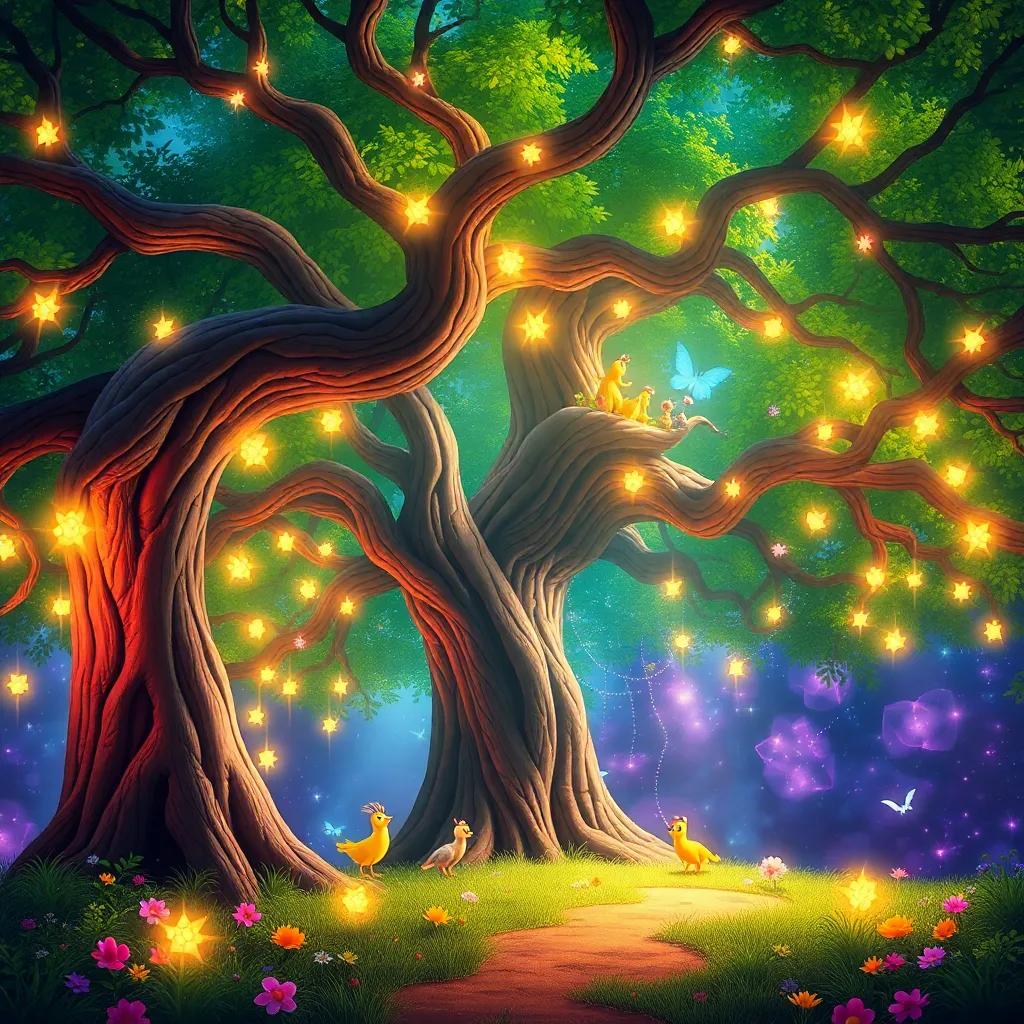 Inside a magical tree, a bright world filled with glowing lights and colorful creatures, illustrating wonder and excitement, colorful, enchanting, vibrant colors, high quality