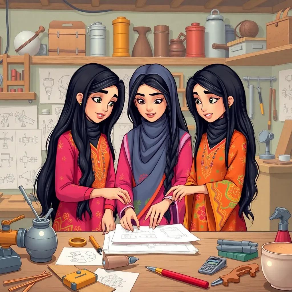 Hoor, Reem, and Layan, three Omani girls with long black hair in colorful traditional dresses, working together in a workshop filled with tools and drawings of their invention, focused and determined, detailed illustration, bright colors, creative environment, high quality