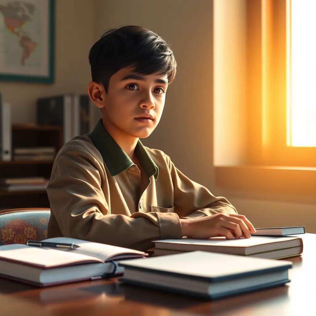 A diligent Arab boy, Hamad, with short black hair and wearing a school uniform, sitting at a desk with books and a notebook, with sunlight coming through the window, digital art, warm colors, focused atmosphere, high quality